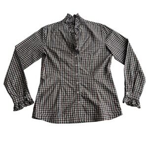 Bogner 100% Cotton Button Down Ruffle Collar Mini Plaid Tailored Blouse Shirt 10